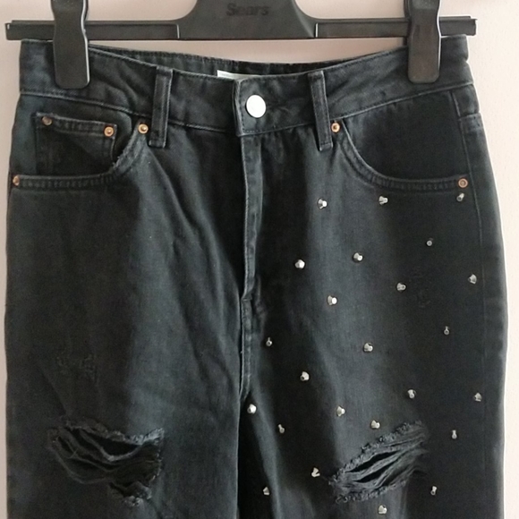 Topshop Moto Mom HighRise Blk Ripped Studded Jeans - Picture 5 of 14